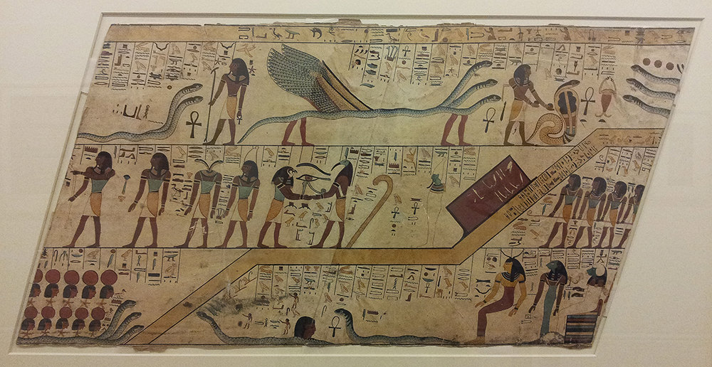 Depictions of the underworld with demons and gods and hieroglyphs