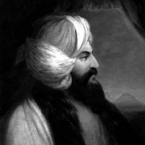 A black and white contemporary portrait of Belzoni, showing him in profile view wearing 19th century middle-eastern clothes, sporting a large black beard