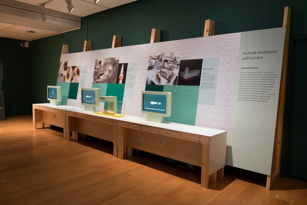 Three computer screens sit atop a long desk with information panels behind them