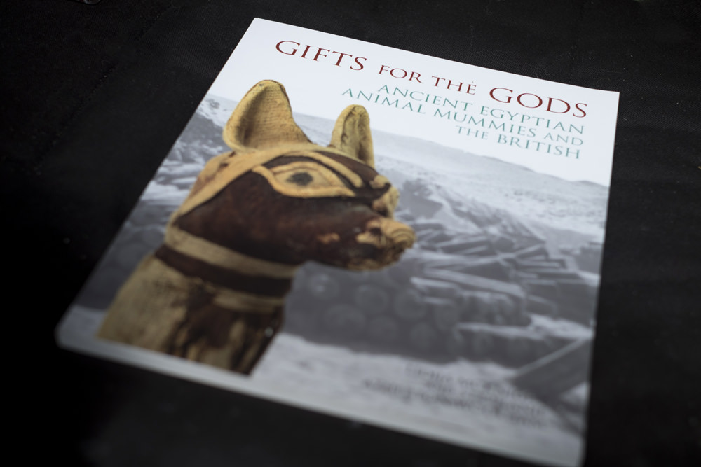 the front cover of the book 'gifts for the gods: ancient egyptian animal mummies and the british', with a photo of an animal mummy on the front