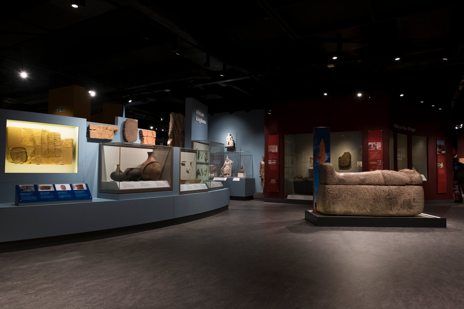 Looking across the gallery past the 'African Kingdoms' section, displaying Nubian artefacts. There's also a large, granite sarcophagus in the middle of the room