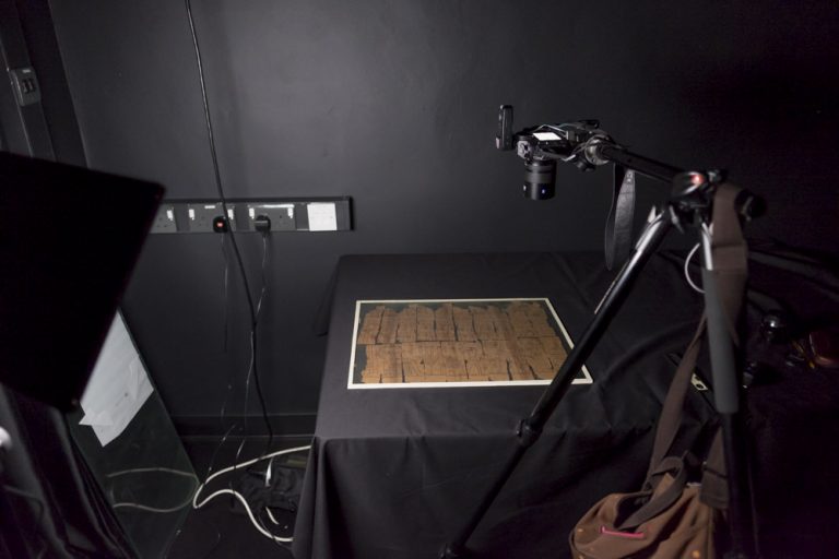 My camera on a tripod photographing a sheet of ancient Egyptian papyrus