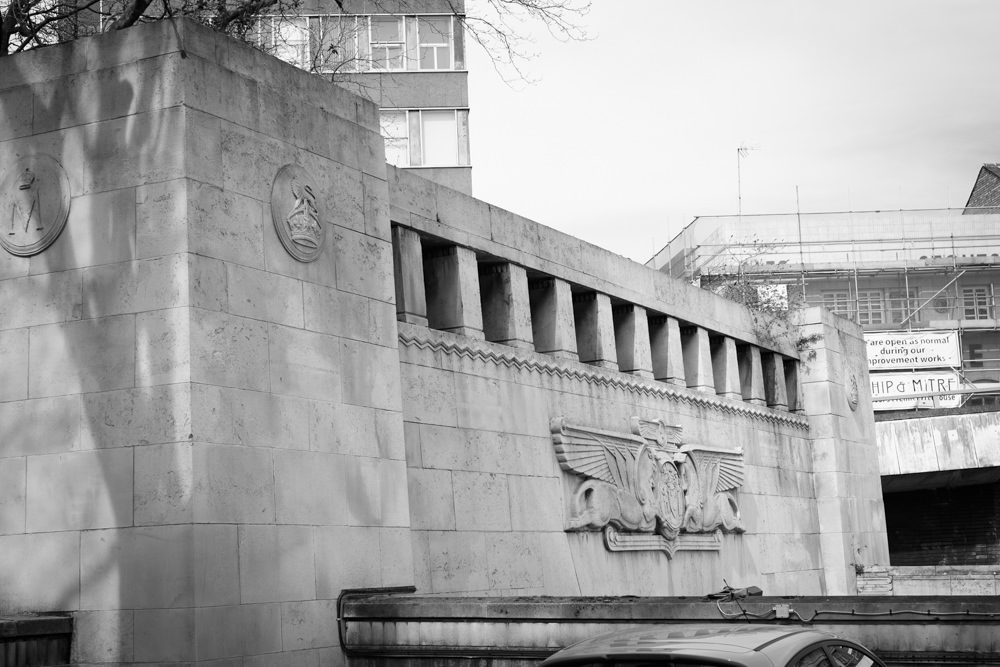 The entrance to the Queensway Tunnel, shaped like an Egyptian temple doorway with carvings in the centre