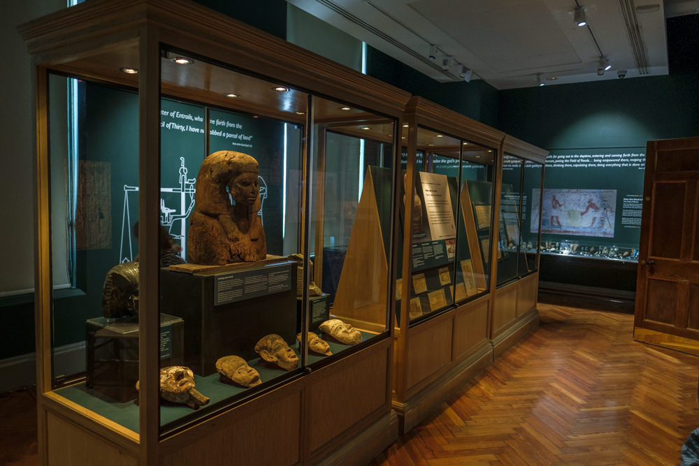 A museum gallery with ancient Egyptian artefacts