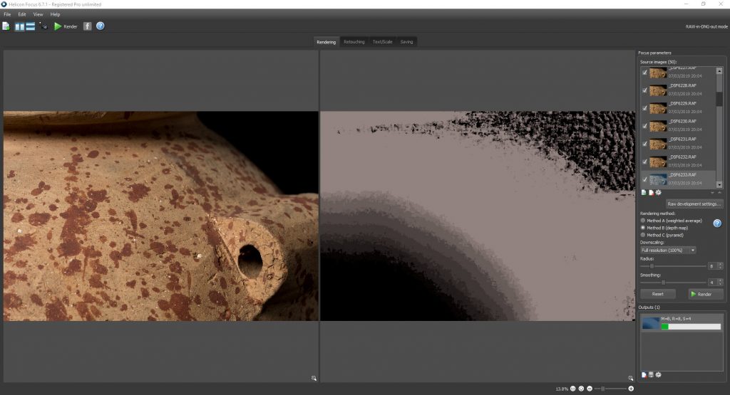 A screenshot of Helicon Focus doing focus-stacking