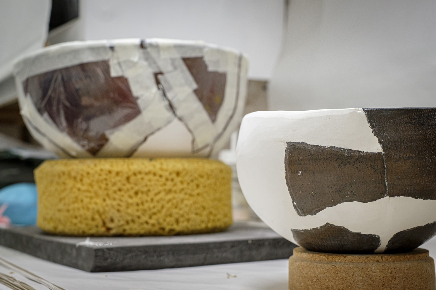 two ancient egyptian bowls drying after conservation