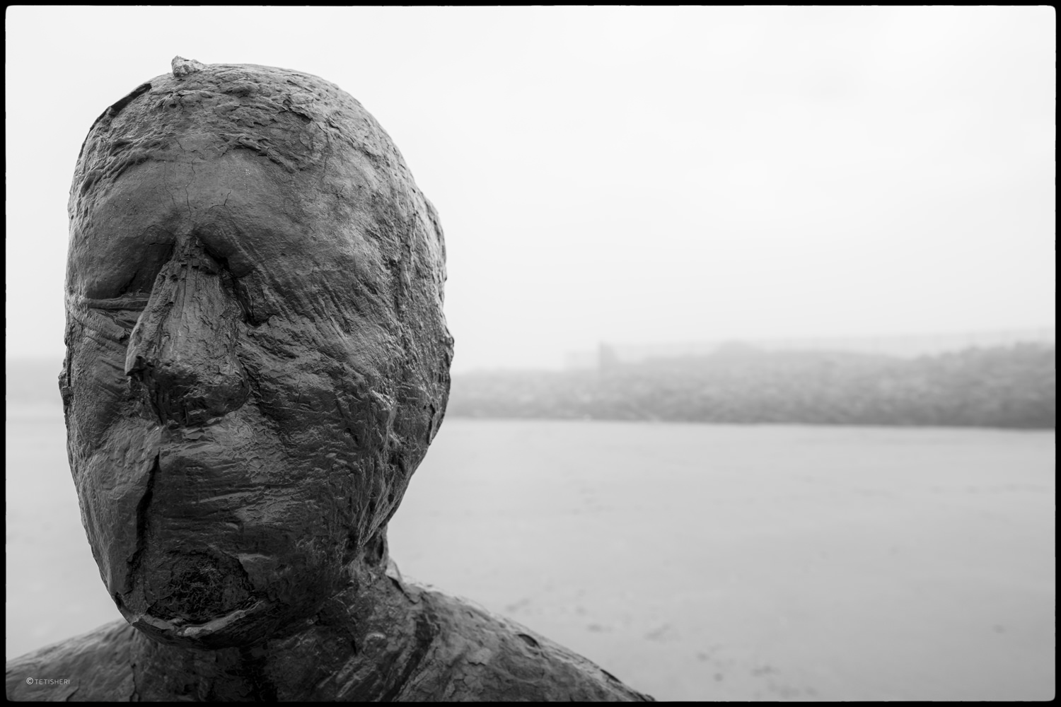 the face of an anthony gormley another place iron man statue on crosby beach
