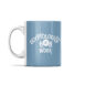 the left side of the blue egyptologist at work mug. it has the words 'egyptologist at work' with an egyptian sundisk in the centre flanked by two rearing cobras