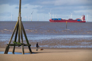 Crosby beach, with a container ship passing and a person walking a dog.