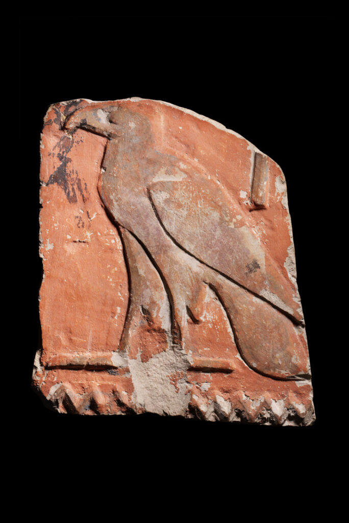 A fragment of red-painted stone with a hieroglyph of an Egyptian vulture carved in raised relief.