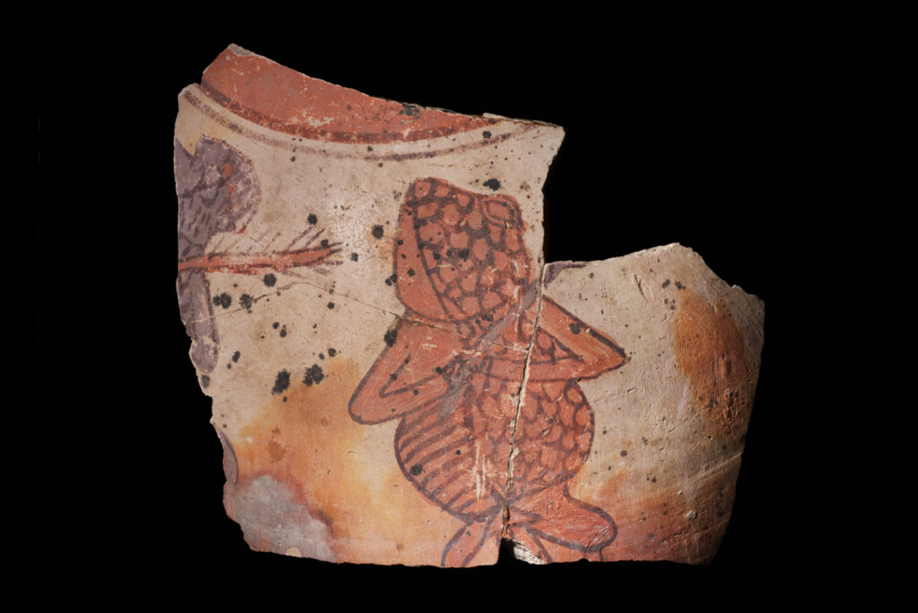 A fragment of a ceramic pot with a painted frog.