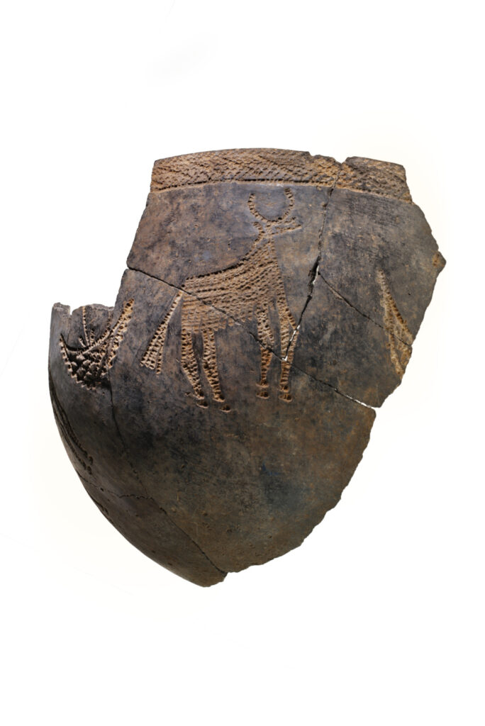 A fragment of a brown ceramic pot showing incised animals.