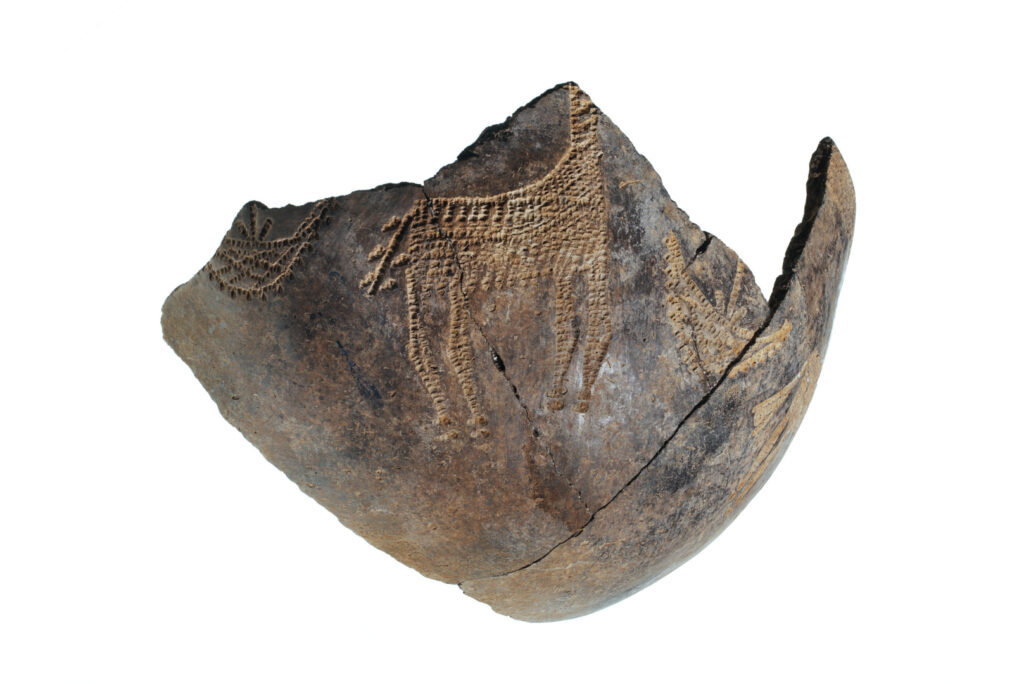 A fragment of a brown ceramic pot showing incised animals.